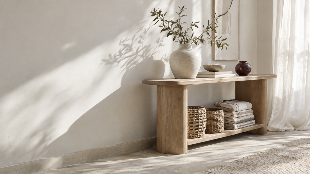 Sunlit interior with an oak console, ceramics and woven storage baskets.